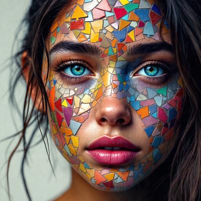 The primary subject of the image is a woman with a colorful, mosaic-like design on her face. The design is made up of various colors and patterns, creating a unique and eye-catching appearance. The setting is a close-up of the woman's face, with the background being a white wall. The visual style of the image is a combination of photo and digital art, as it captures the woman's face with a creative and artistic touch. The colors and mood of the image are v
